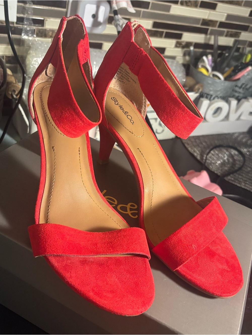 Style & Co. Bright Red Suede Ankle-Strap Heels
